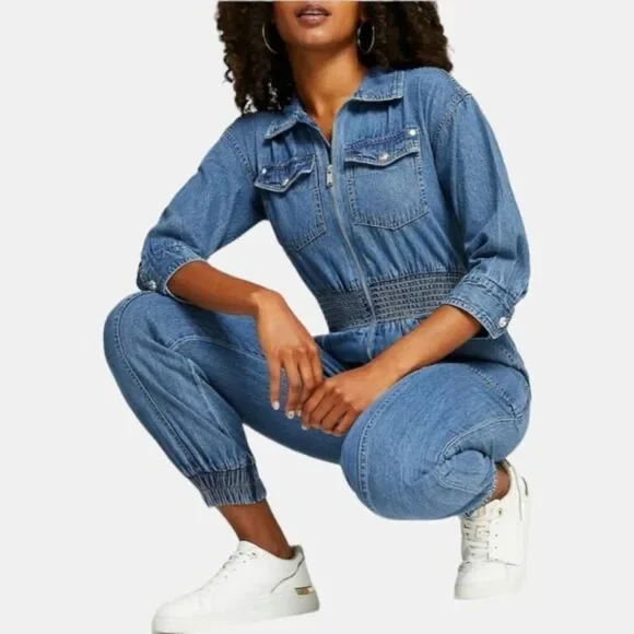 NWT River Island Jumpsuit Blue Denim Smocked Waist Boilersuit Size 8 UK, 6 US - Picture 12 of 12